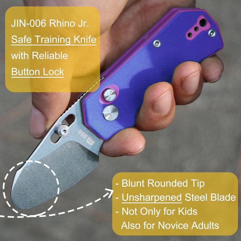 JIN Rhino Jr. Kids Pocket Knife, Fidget Toy Knife, DIY Kit, 1.97” Unsharpened Steel Blade, Safety Rounded Tip, Kids-friendly Button Lock Folding EDC, Blue Multi G10 Handle - Image 3